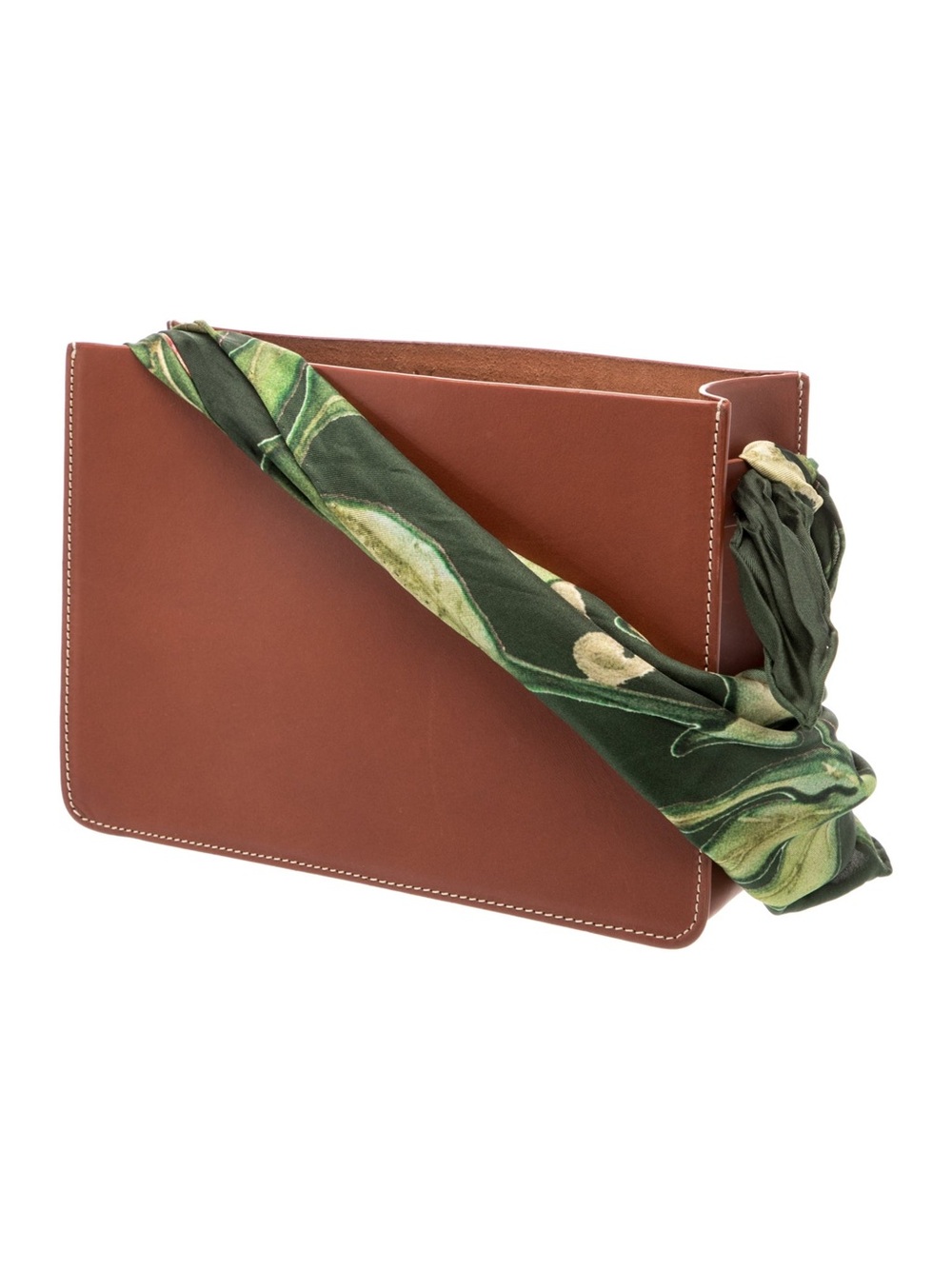 Montunas Brown Leather Satchel with Green Printed Scarf Strap
